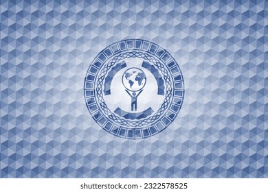 man lifting world icon inside blue emblem with geometric background. 