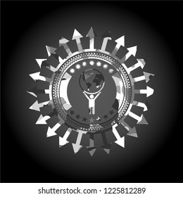 man lifting world icon on grey camouflaged texture