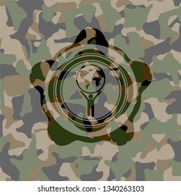 man lifting world icon on camo pattern