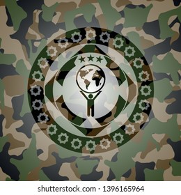 man lifting world icon on camo pattern