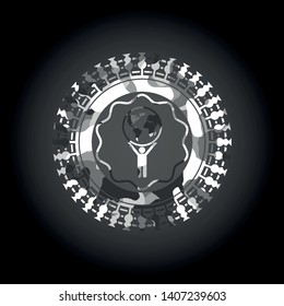 man lifting world icon on grey camo pattern