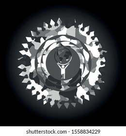 man lifting world icon on grey camo texture