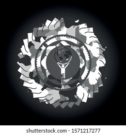 man lifting world icon on grey camo pattern