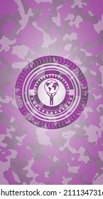 Man Lifting World Icon On Pink And Purple Camo Texture. 