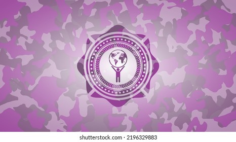 man lifting world icon on pink and purple camo pattern. 