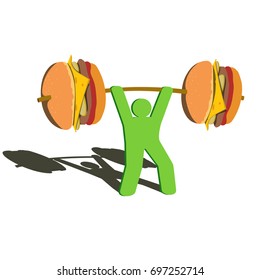 A man lifts a barbell of hamburgers. vector illustration.