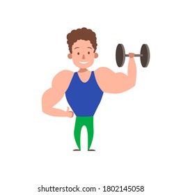 A man lifts a dumbbell, a male athlete does a sport activity for a toned body. Training vector illustration isolated on a white background. EPS 10