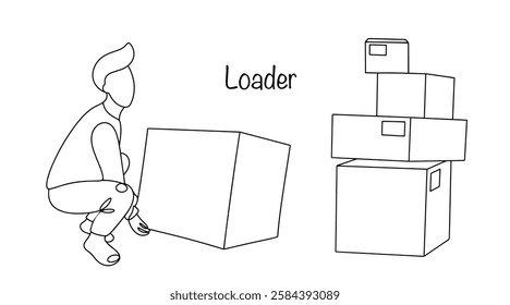 A man lifts a heavy box. The loader crouched down to lift the oversized load. A man moves heavy things while helping with a move. A simple illustration for different uses. Vector illustration
