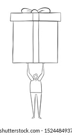 Man lifts up a huge gift pack. I wonder what's in it? Vector illustration. Black outlines and white background.