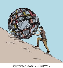 A man lifts a large ball of monitors and other electronic devices up a mountain. The labor of Sisyphean myth.