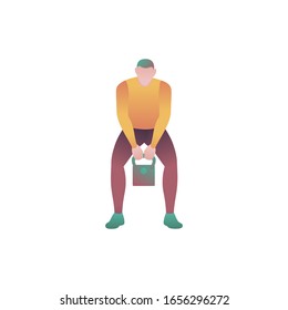 Un hombre levanta un peso, una ilustración vectorial plana. Un atleta fuerte culturista está haciendo ejercicio en el levantamiento de pesas. El hombre en el gimnasio trabaja con equipos de levantamiento de pesas aislados de fondo blanco.