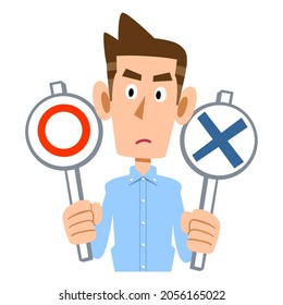 A man in a light blue shirt thinking whether the answer is correct or incorrect
