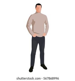 Man in light brown sweater and jeans standing with hands in pockets. Flat vector illustration, abstract silhouette