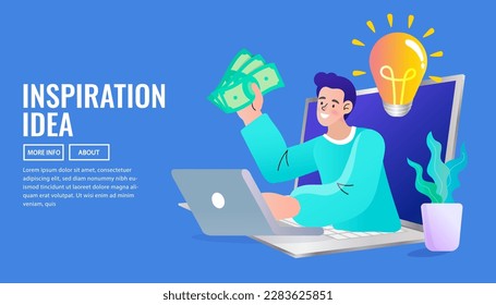 Man with light bulb. Businessman get an idea to make money. Startup, investment concept for banner, website design or landing page. success freelance man blogger or writer catching money. vector