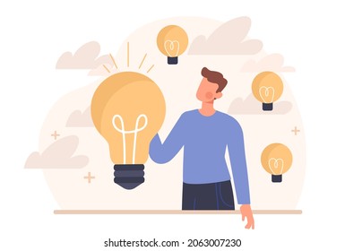 Man with light bulb. Concept of emergence of idea. Startups, unusual solutions, creativity. Development, genius, character insight. Cartoon flat vector illustration isolated on white background