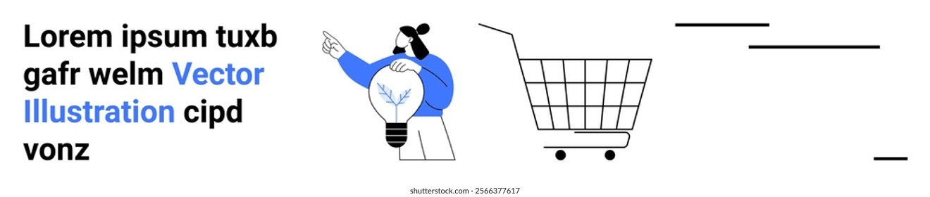 Man with a light bulb for a head pointing to the right next to a shopping cart. Ideal for online shopping, innovation, technology, business, modern design. Landing page