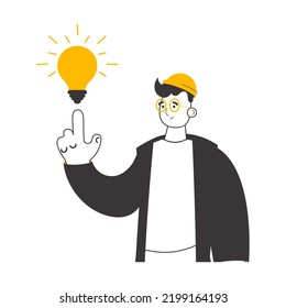 Man and light bulb. Idea concept. Vector. Isolated on white background. Linear trendy style.