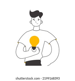 Man and light bulb. Idea concept. Vector illustration. Isolated. Line art style.