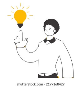 Man and light bulb. Idea concept. Vector illustration. Isolated. Lines modern style.
