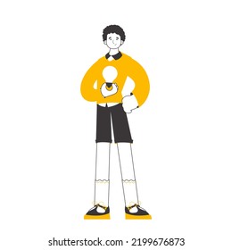Man and light bulb. Idea concept. Vector illustration. Isolated on white background. Lines modern style.