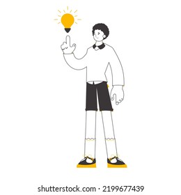 Man and light bulb. Idea concept. Vector. Isolated. Lines modern style.