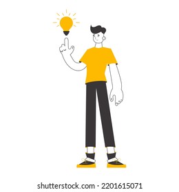 Man and light bulb. Idea concept. Vector illustration. Isolated on white background. Line art style.