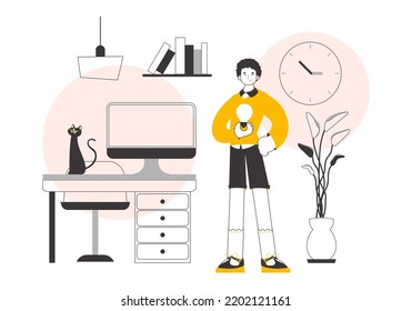 Man and light bulb. Idea concept. Vector. Linear trendy style.