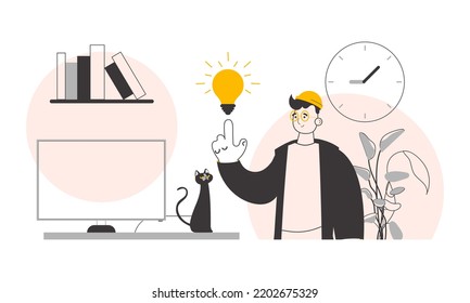 Man and light bulb. Idea concept. Vector illustration. Line art style.