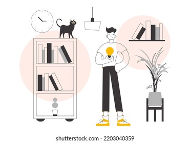 Man and light bulb. Idea concept. Vector. Lines modern style.