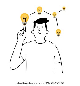 A man with a light bulb on his head. People with new ideas. Man brainstorming to find a solution. Doodle art, outline, linear, thin line. Simple design with a stroke