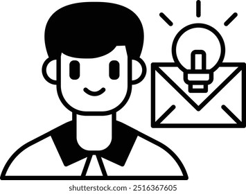 A man with a light bulb on his head is smiling and holding an envelope. Concept of creativity and innovation, as the light bulb represents an idea or a new concept