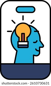 A man with a light bulb on his head. The light bulb is glowing and the man is smiling. Concept of intelligence and creativity