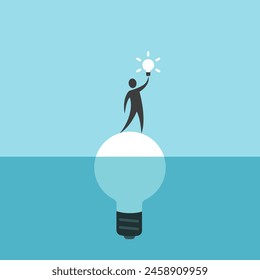 Man with light bulb on island. Creativity, innovation, success, ingenuity, problem, insight, opportunity, persistence and adversity concept. EPS 8 vector illustration, no transparency, no gradients