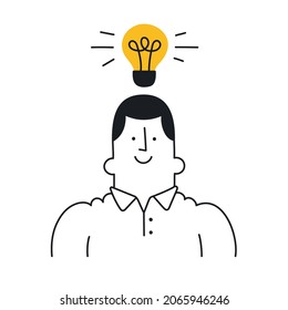 Man with a light bulb over his head. New idea, brainstorming, solution, problem solved, startup, innovation, creativity. Outline, linear, thin line, doodle art. Simple style with editable stroke.