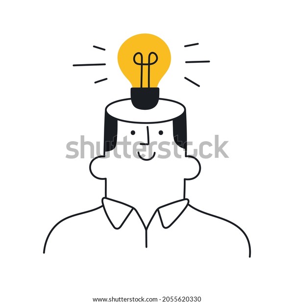 Man with a light bulb over his head. New idea,\
brainstorming, solution, problem solved, startup, innovation,\
creativity. Outline, linear, thin line, doodle art. Simple style\
with editable stroke.
