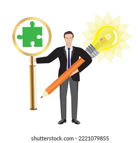 Man with light bulb pencil and magnifying glass with green jigsaw puzzle piece. Vector illustration. Isolated on white.