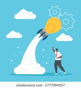 man with light bulb rocket design, Start up plan idea strategy and marketing theme Vector illustration