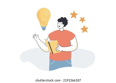 Man with light bulb and stars over head reading book. Tiny person thinking about creative idea flat vector illustration. Education, knowledge concept for banner, website design or landing web page