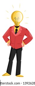 Man with a light bulb in stead fo head white background vector illustration.