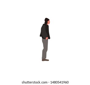 man in light overcoat and hat stands sideways on white background.