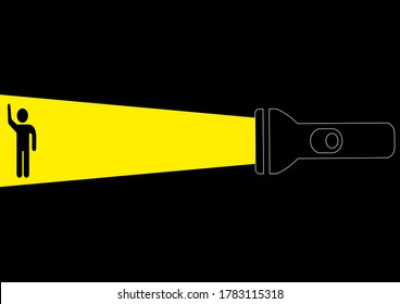 A man in the light of a pocket flashlight. Template for text. Poster. Place of advertisement. Bigboard. Outdoor advertising. Electric light. Background vector image. Flashlight light in the night.