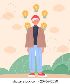Man and lightbulb. Character comes up with ideas in nature. Brain activity, cognitive ability, metaphor for creativity. Finding optimal solution, innovation. Cartoon flat vector illustration