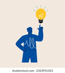 Man with lightbulb and finger pointing up. The concept of idea, brainstorm. Colorful vector illustration
