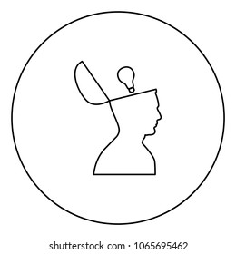 Man with  lightbulb idea in open head black icon in circle