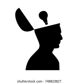 Man with  lightbulb idea in open head black icon .