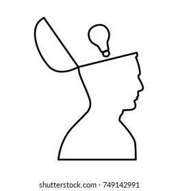 Man with  lightbulb idea in open head black icon .
