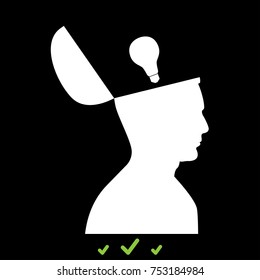 Man with  lightbulb idea in open head white icon .