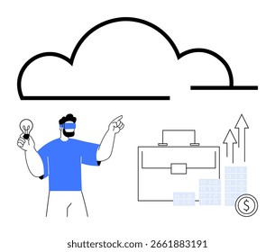 Man with lightbulb and VR headset points towards cloud icon next to briefcase, rising graphs, and coins. Ideal for technology, business growth, innovation, financial planning, cloud computing