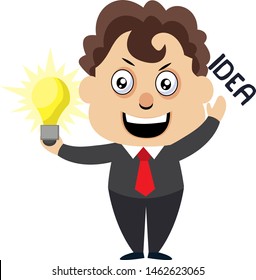 Hombre con bombilla de iluminación, ilustración, vector sobre fondo blanco.
