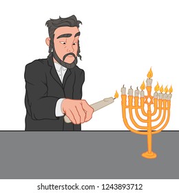 A man lighting the candles on menorah, Hanukkah